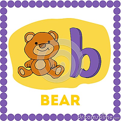 Letter b lowercase cute children colorful zoo and animals ABC alphabet tracing flashcard. Learning card for kids. English Vocabula Vector Illustration